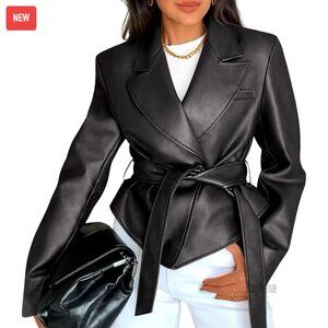 Faux Leather Blazer Jacket with Removable Belt, Button Down, Notch Lapel